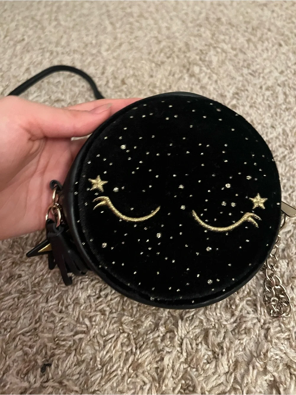 Black Starry Round Crossbody Bag with Gold Accents